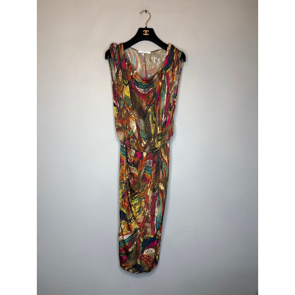 Max Mara Cowl Neck Ruched Multicolor Abstract Print Slinky Jersey Dress 42 US 10